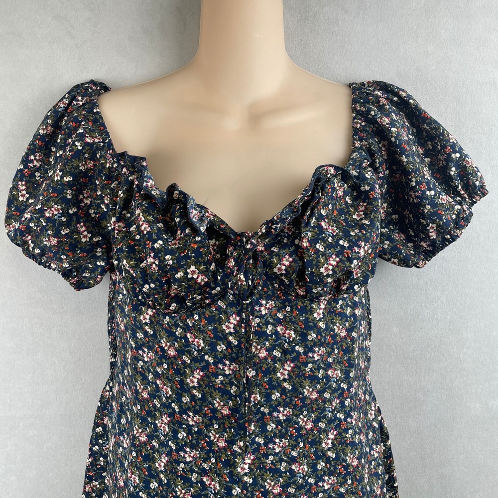 KTKK Inc Navy Ditsy Floral Milkmaid Mini Dress Puff Sleeve Smocked Back Fairy M - Picture 2 of 7